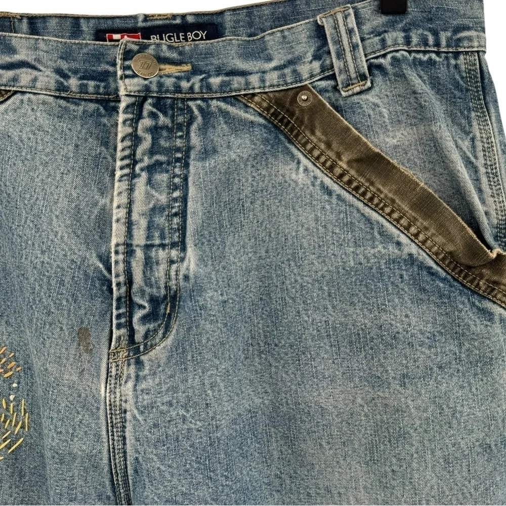Vintage Bugle Boy Jeans Baggy Loose Fit Distressed Patched Blue Black Denim | 34
